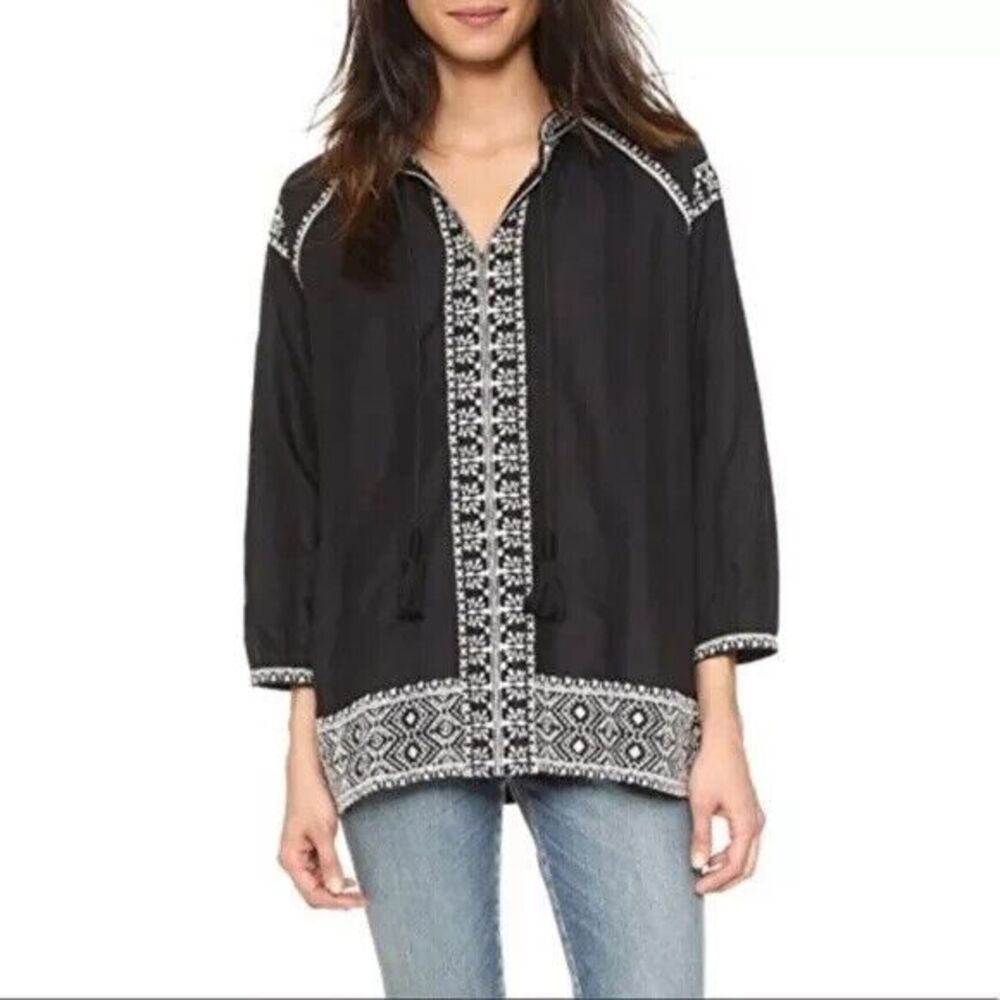 Madewell Camelia Boho Tunic Top XS Black White Cotton Embroidered Tassels V-Neck